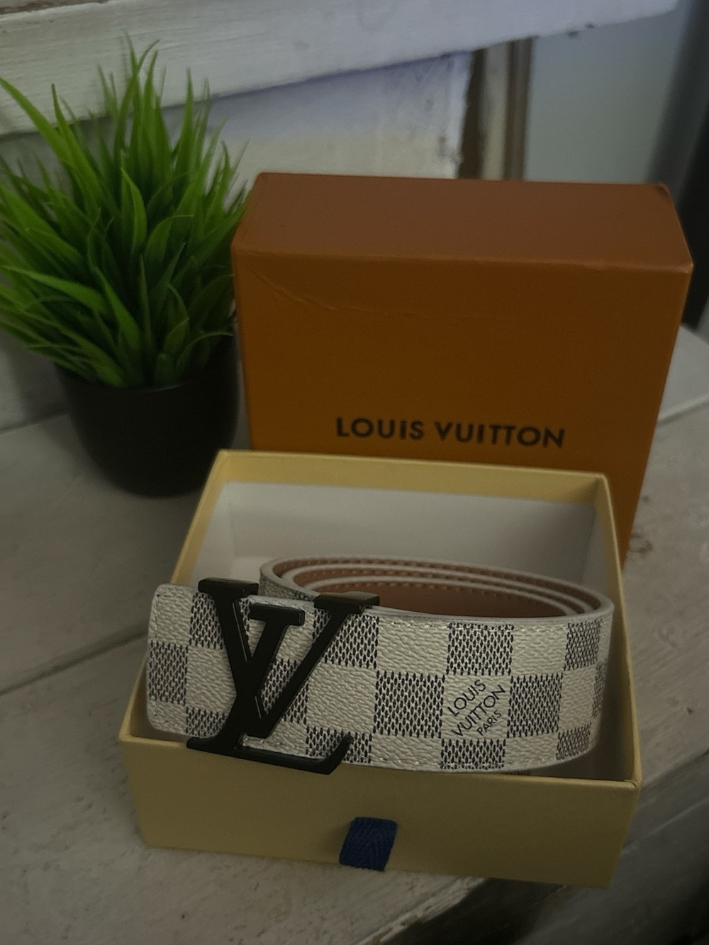 White Damier Azur LV Initiales Men's Belt